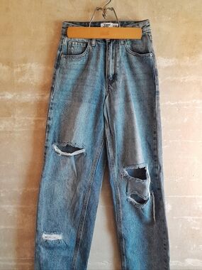 553a. blue Tiger Mist high rise distressed wide leg denim dad jeans, XXS